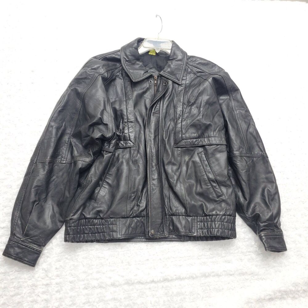 Irvine Park VTG Bomber Jacket Mens L Black Flight Motorcycle Coat Elastic Waist
